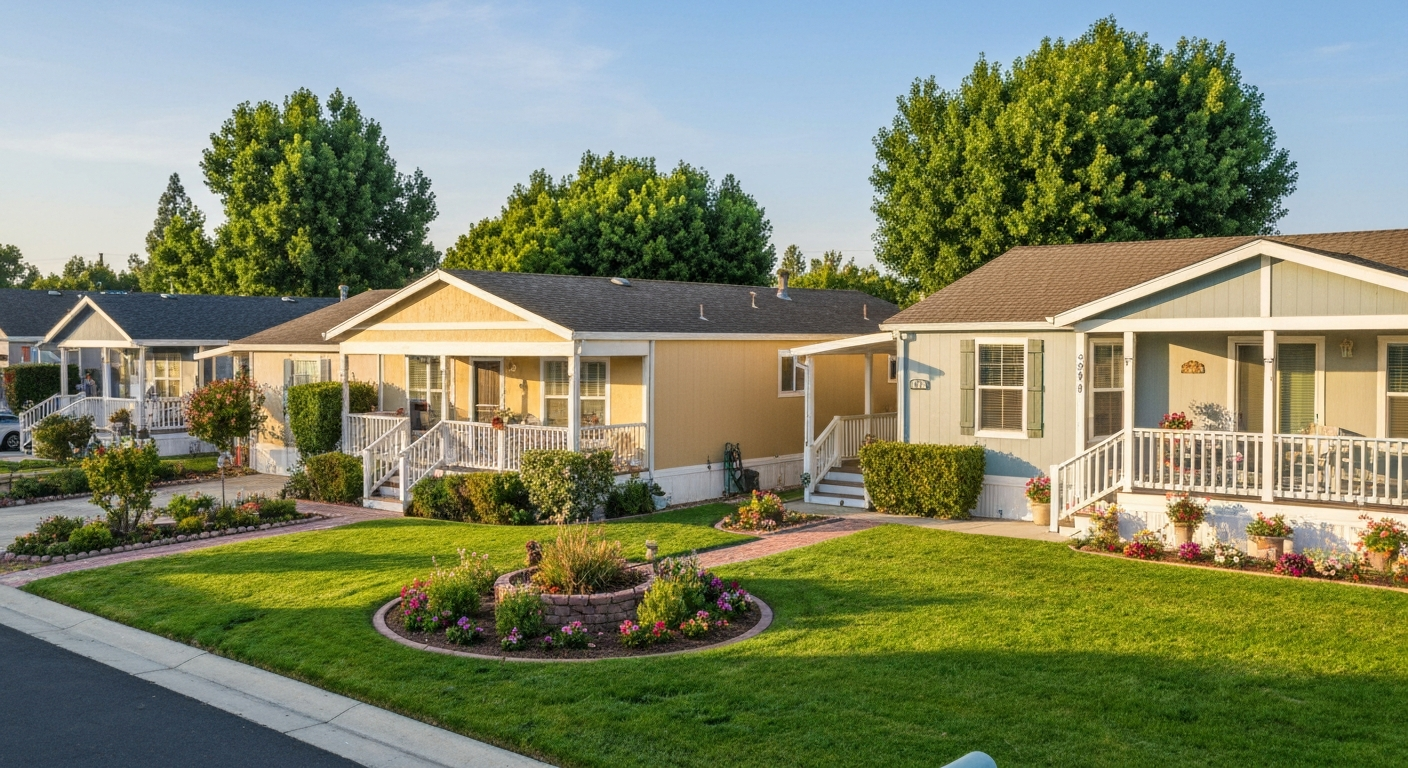 Well-kept manufactured home community in California with summer landscaping