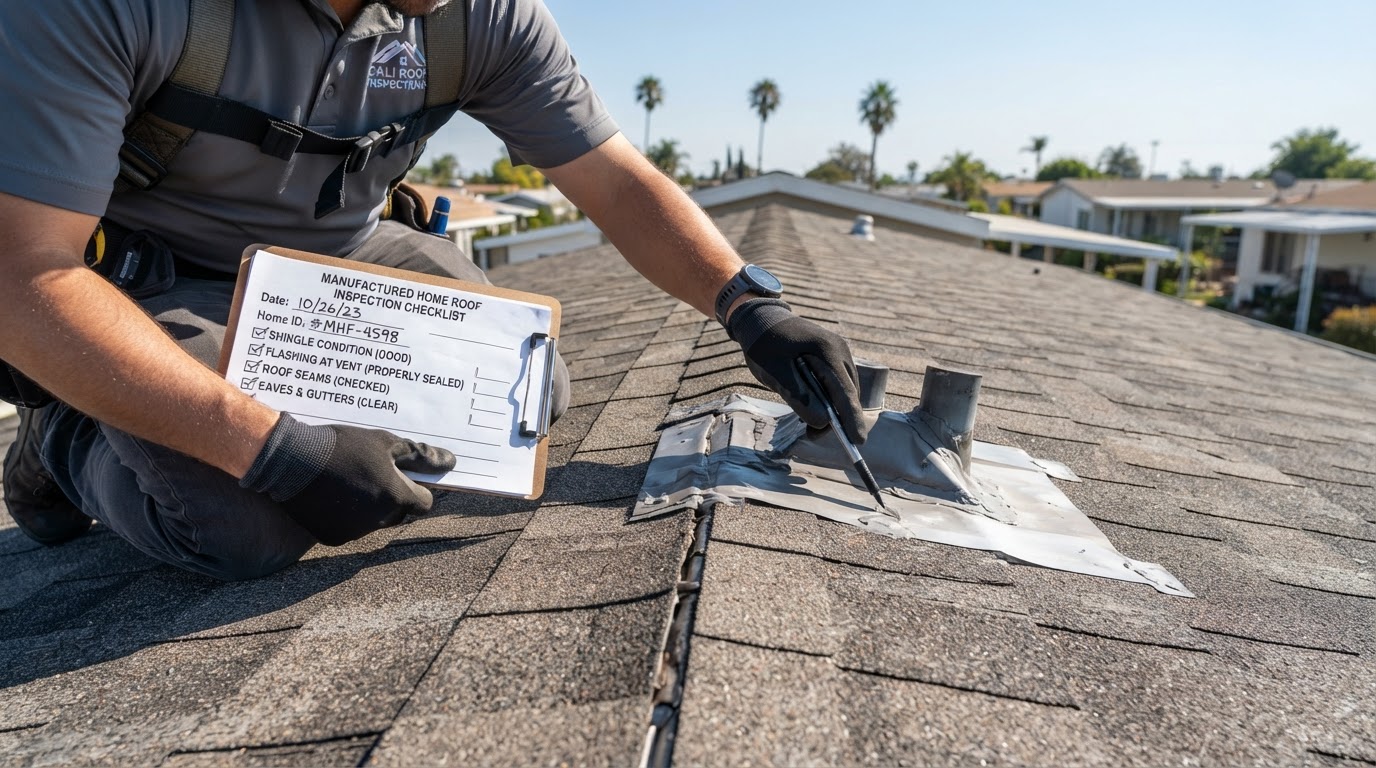 Close-up of a manufactured home roof being inspected, showing shingles, seams, and flashing details