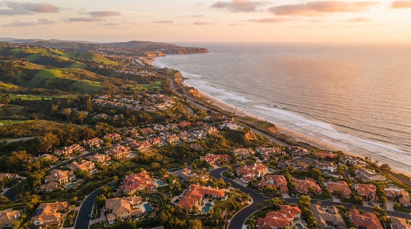 Aerial view of North County San Diego coastline at golden hour