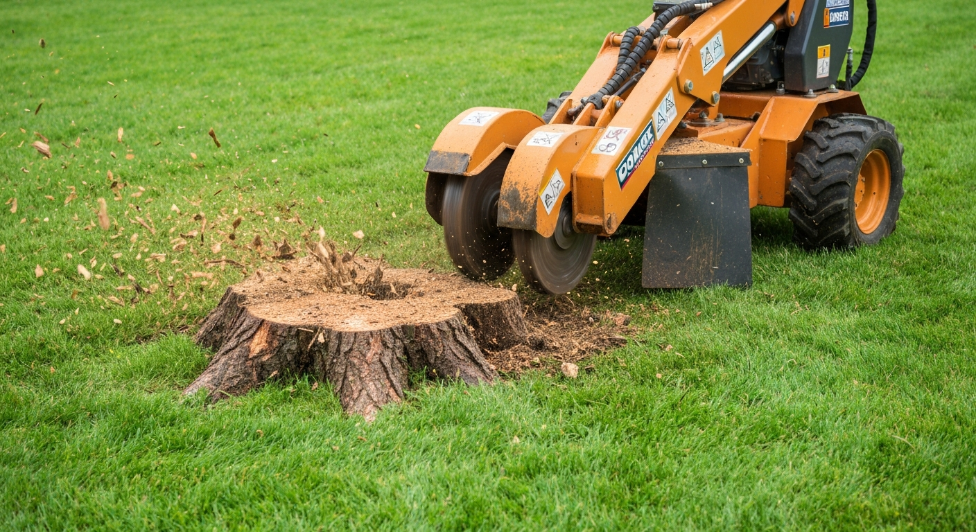Professional stump grinder removing large stump in Muscatine Iowa lawn