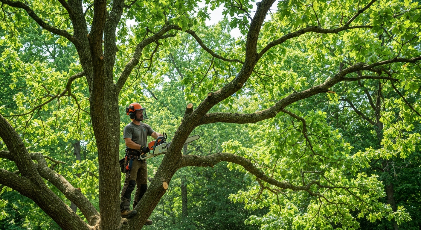 Arborist installing tree cabling and bracing system