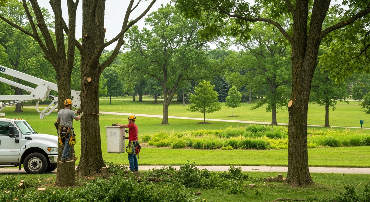 Commercial tree service crew working on Muscatine Iowa municipal property