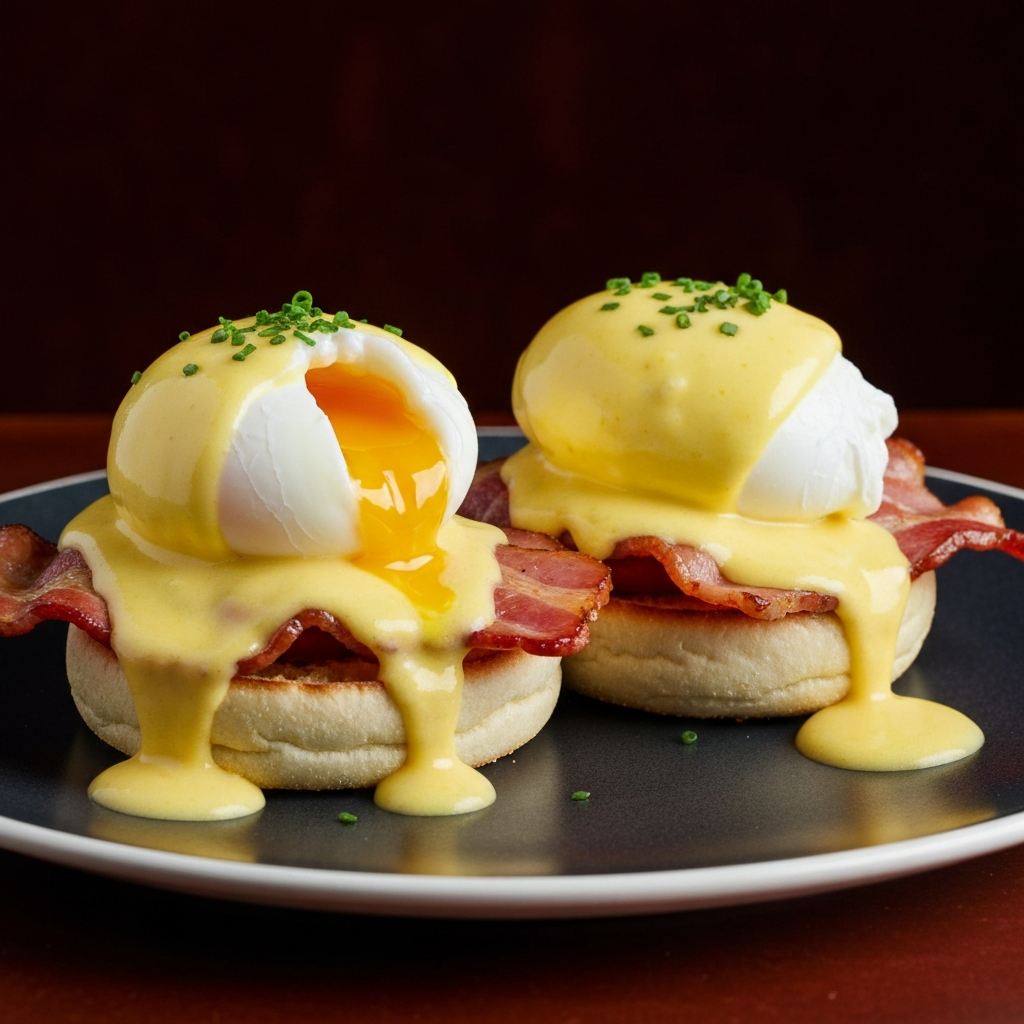 Eggs Benedict with hollandaise sauce on English muffin at Coffee and Dreams