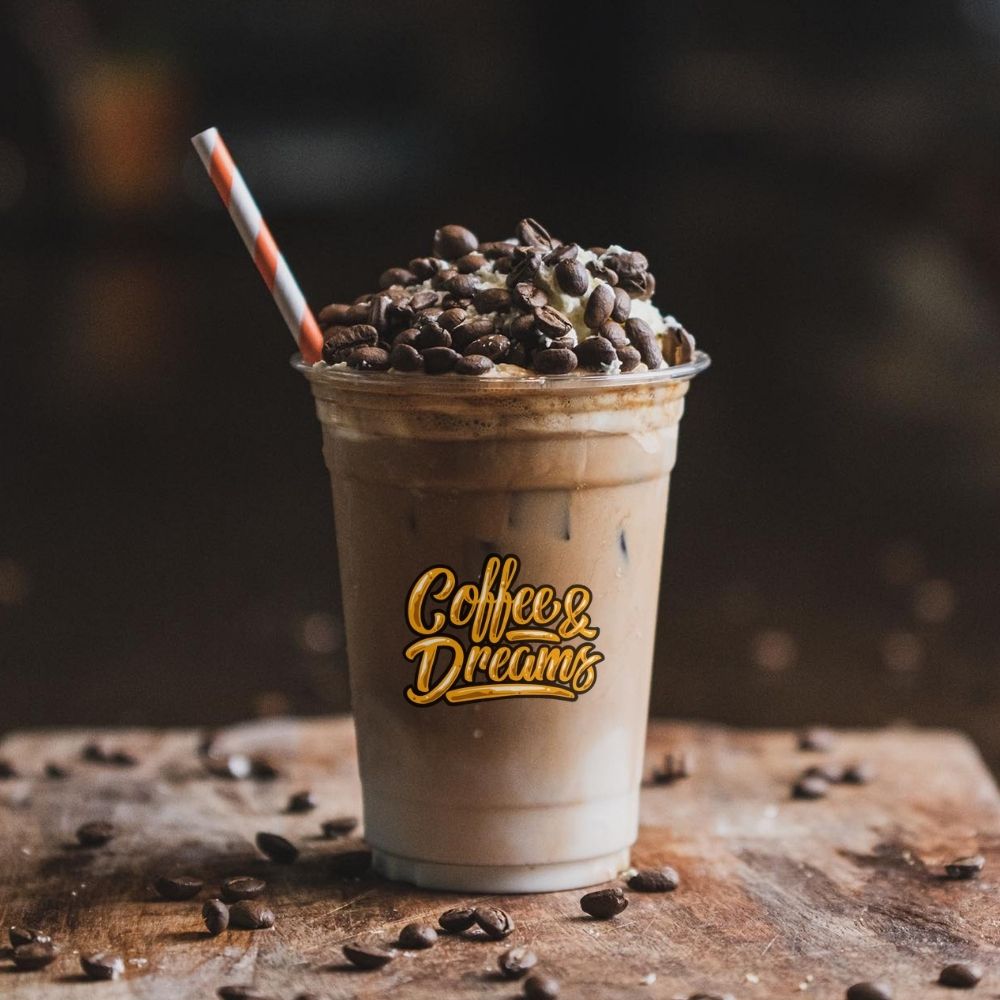 Iced latte topped with coffee beans at Coffee and Dreams Adelaide
