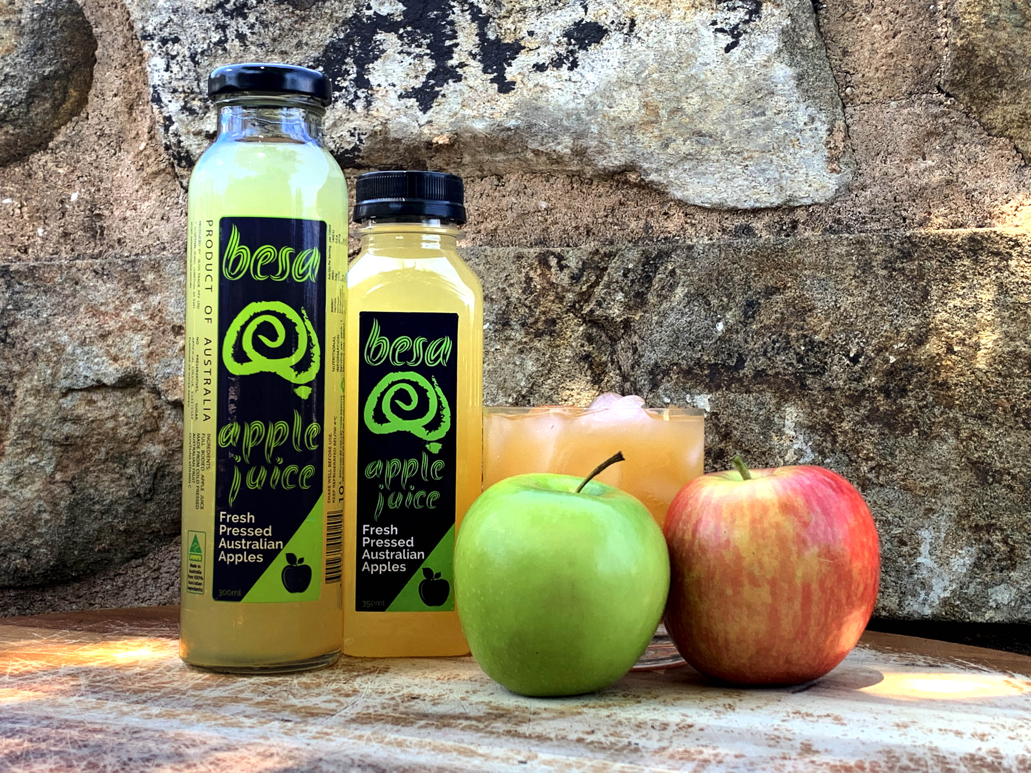 Besa fresh pressed apple juice bottles at Coffee and Dreams Adelaide
