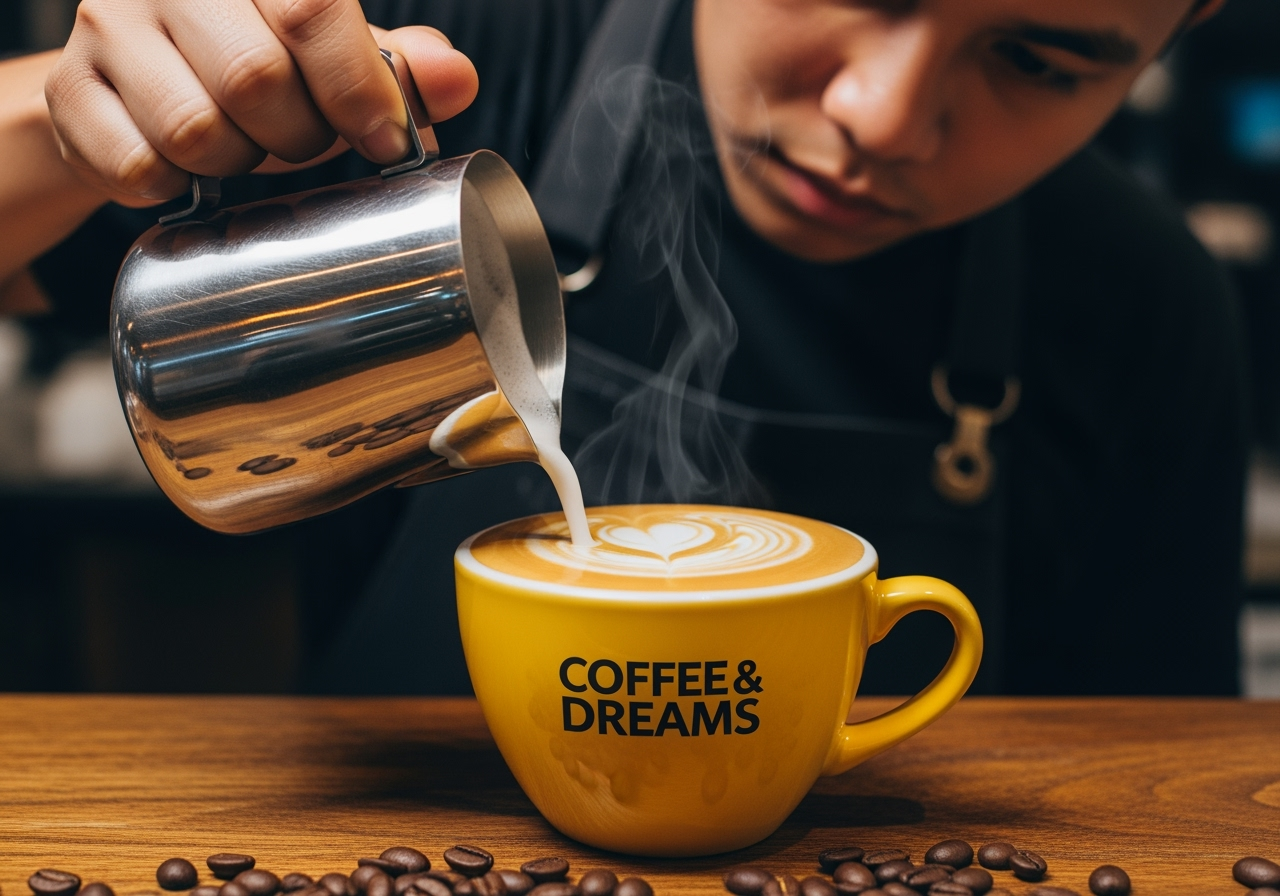 Barista pouring latte art into a yellow Coffee & Dreams cup on Gouger St Adelaide CBD