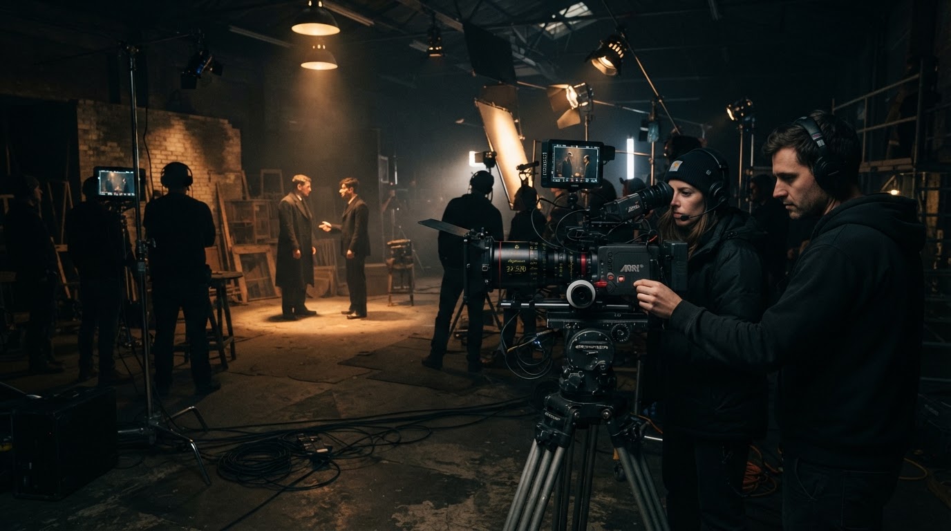 Medienberatung: Filmproduktion Set mit professioneller Kamera und dramatischem Licht