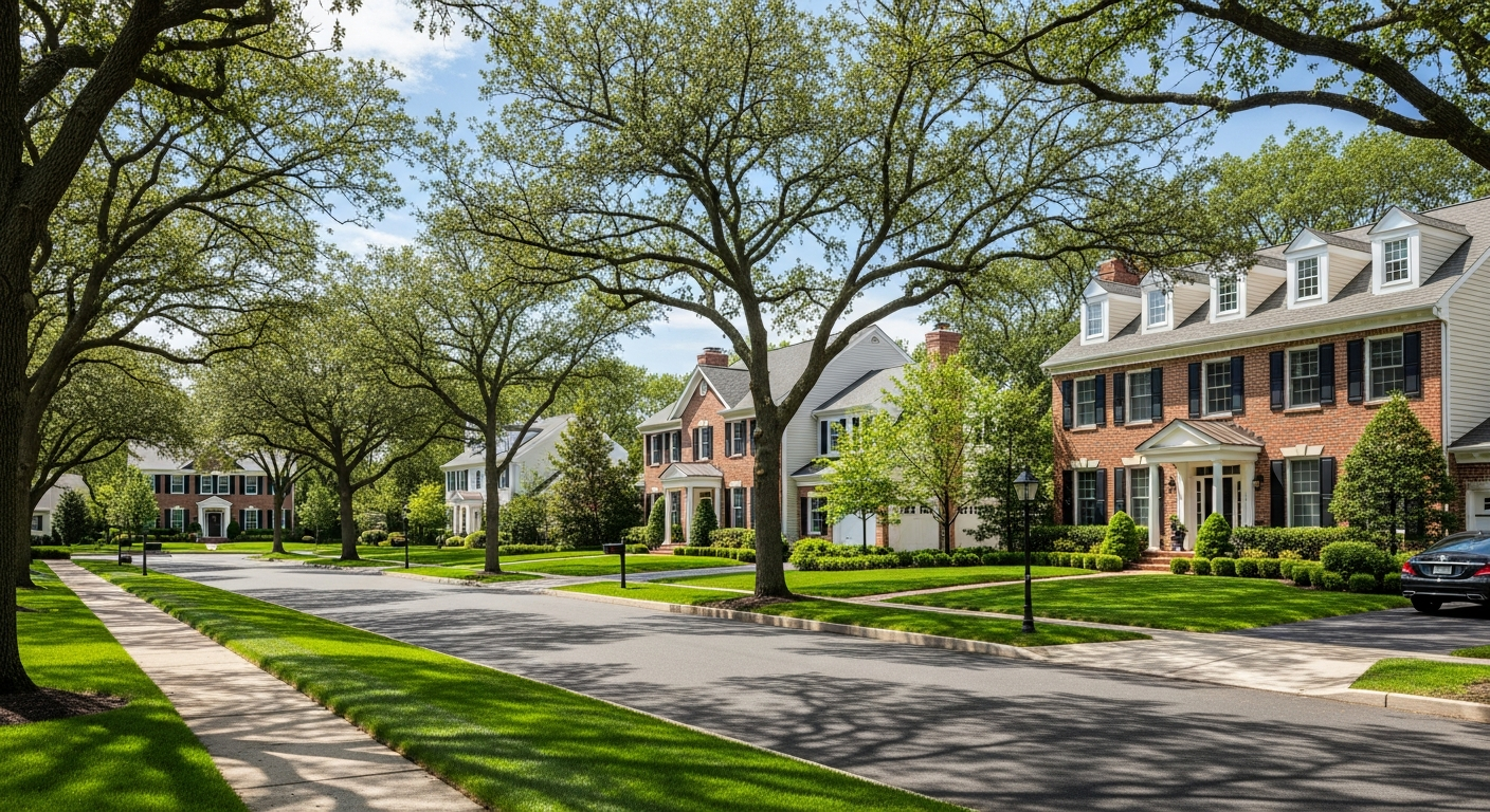 Beautiful suburban neighborhood street in South Jersey representing Moorestown and Marlton real estate