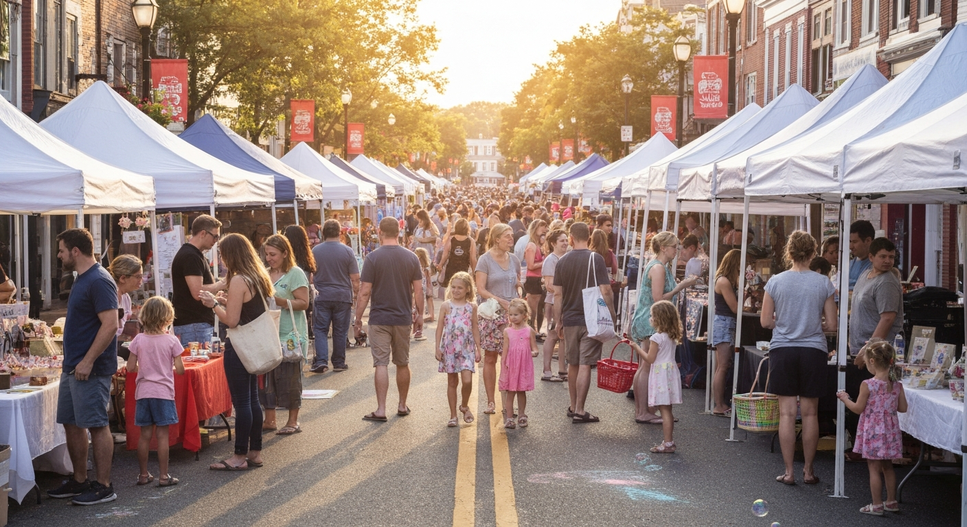 Street festival with people walking and vendor tents