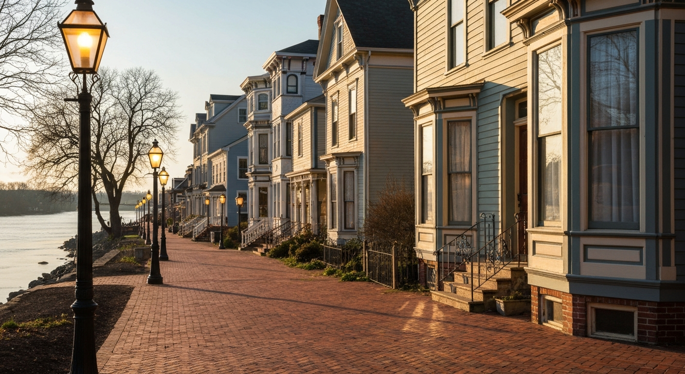 Historic Victorian homes along a gaslit street in Riverton NJ