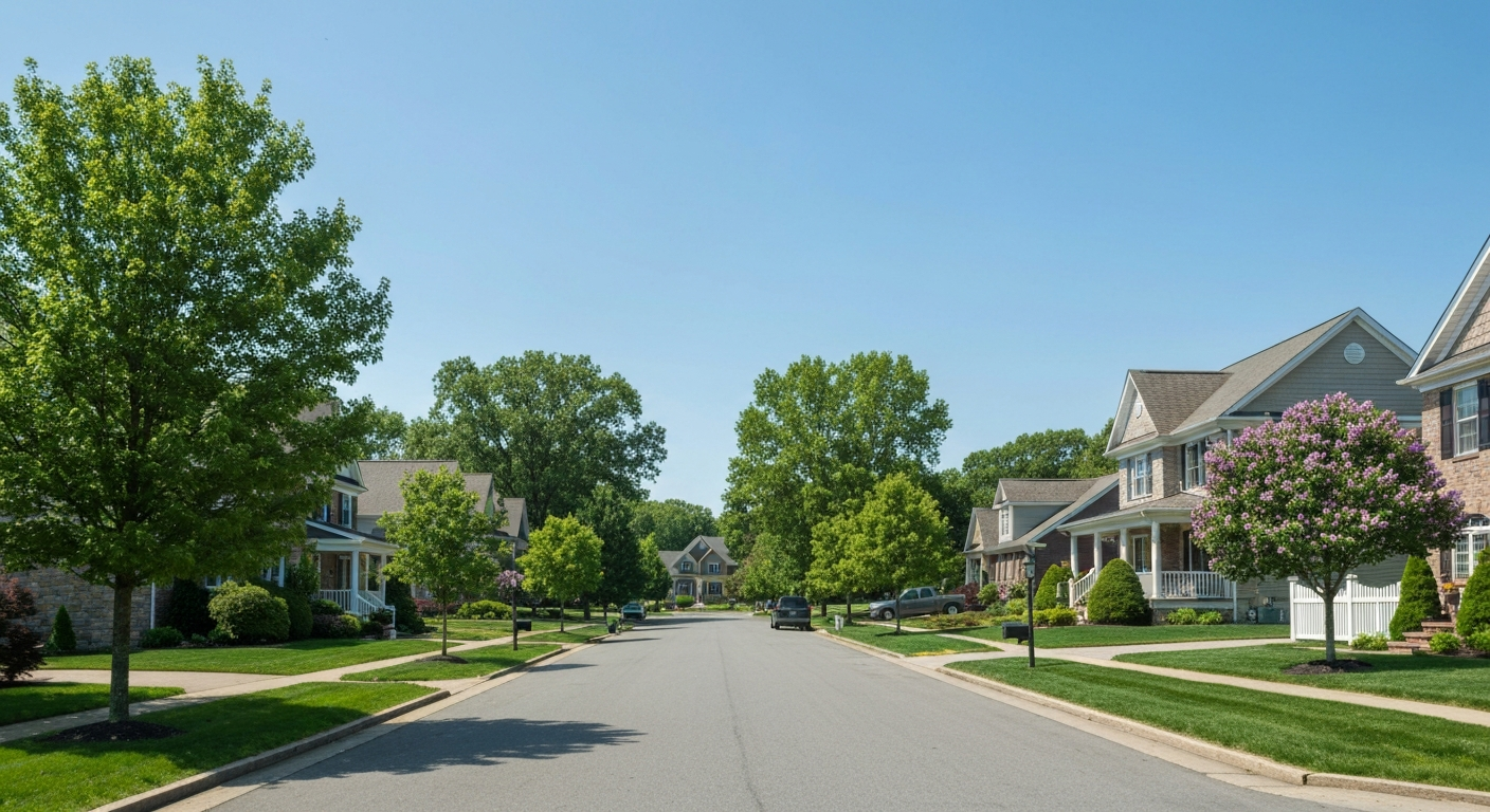 Beautiful suburban neighborhood in Marlton, NJ representing the local real estate market