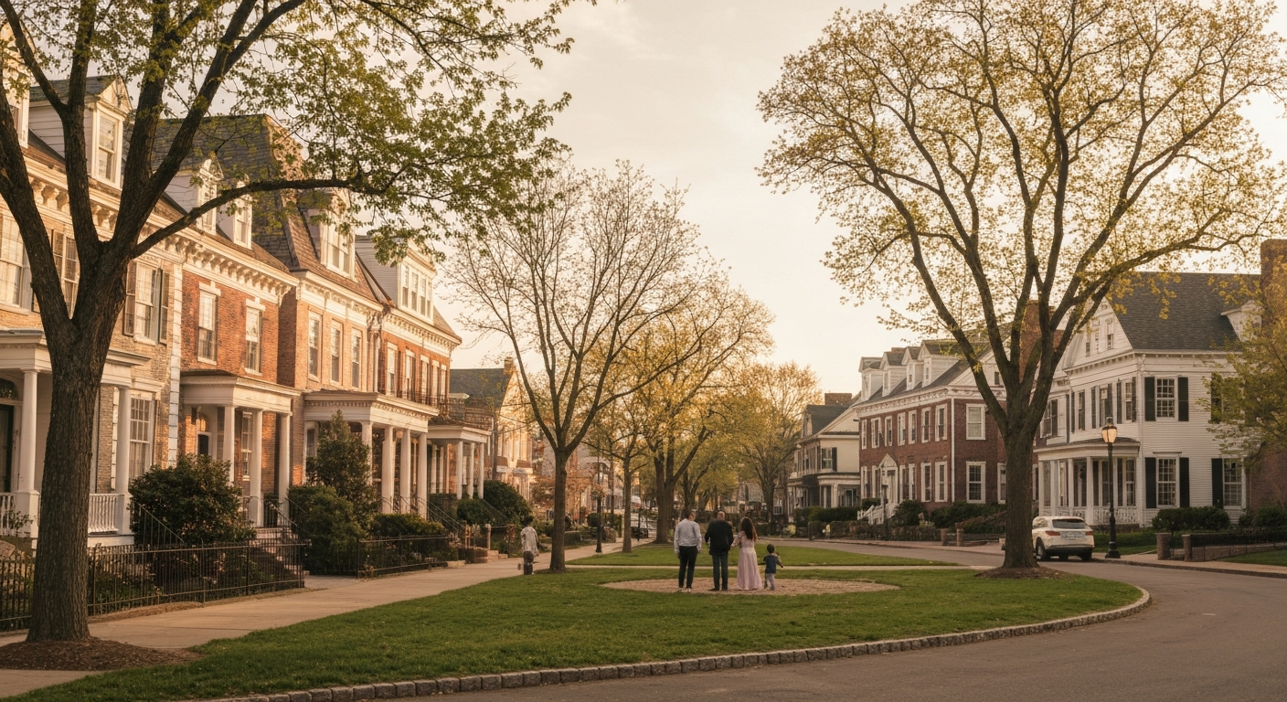 Beautiful tree-lined street in Moorestown, NJ representing the community's luxury lifestyle and historic charm