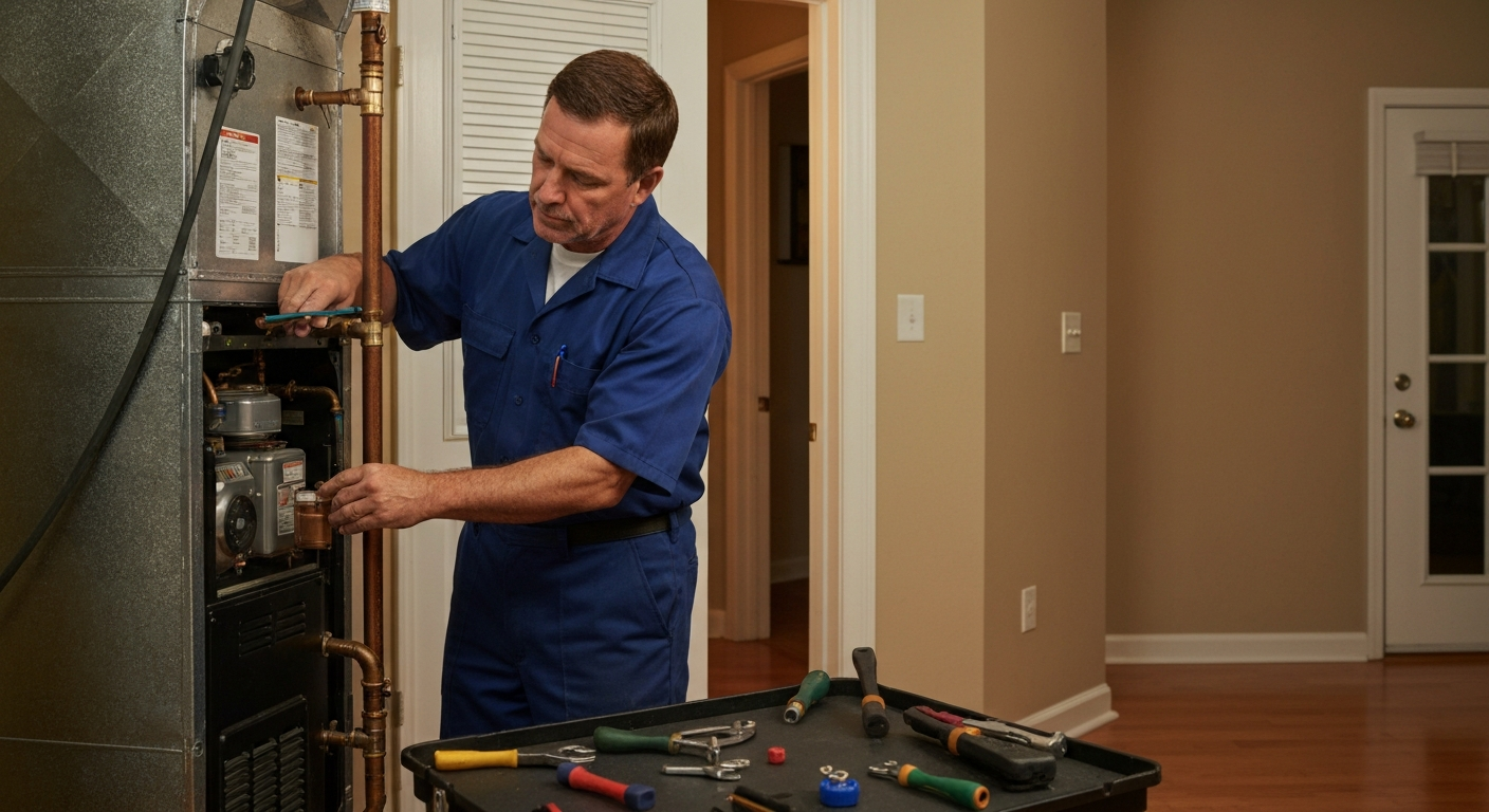 HVAC technician working on heating furnace system