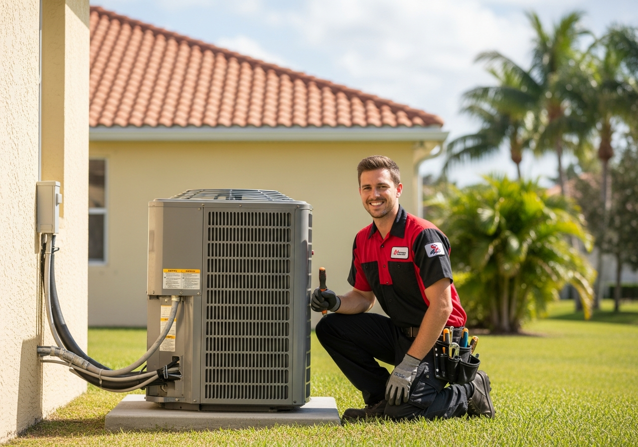 Gotcha HVAC technician servicing AC unit