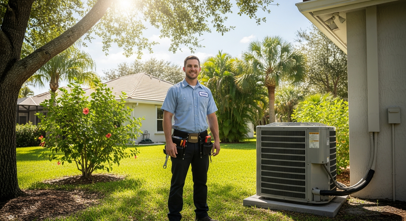 Licensed Gotcha HVAC technician working on outdoor AC unit in Spring Hill FL