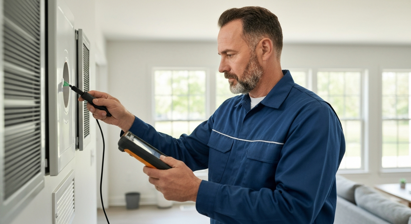 HVAC technician inspecting ductwork