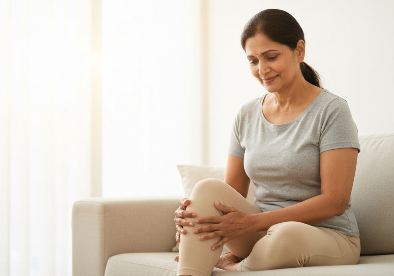 Woman experiencing knee pain that makes stairs and daily movements a constant struggle