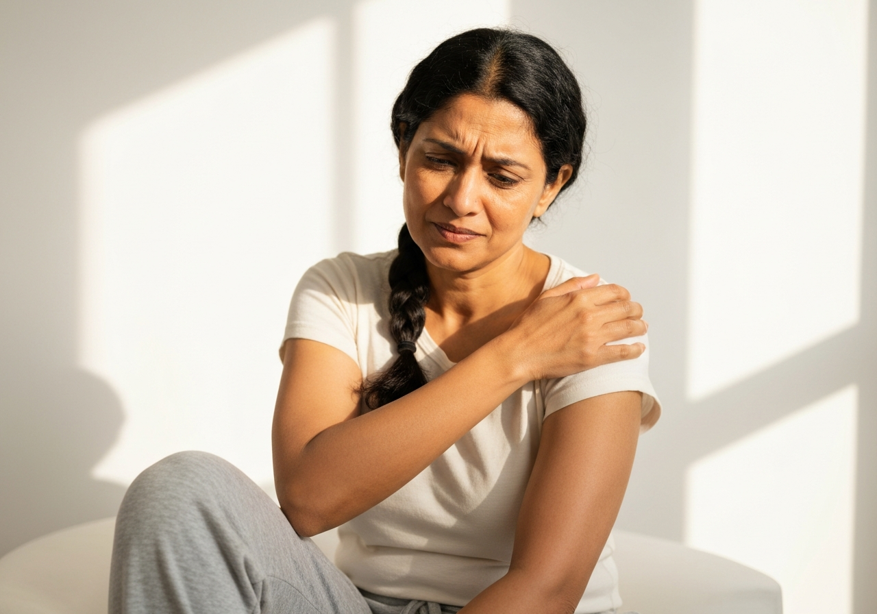 Woman experiencing shoulder stiffness and inflexibility that severely limits your range of motion
