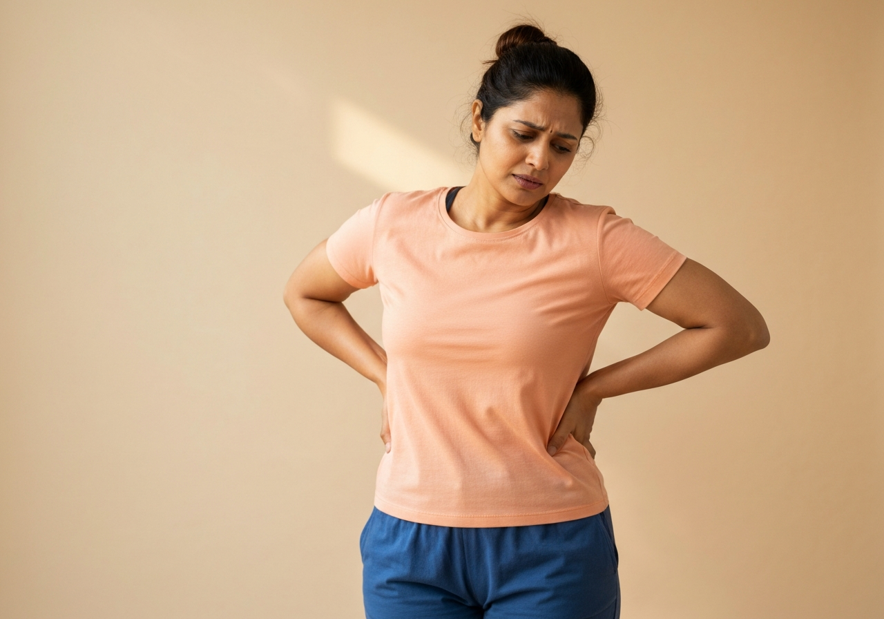 Woman experiencing chronic back pain that makes sitting or standing for long periods unbearable