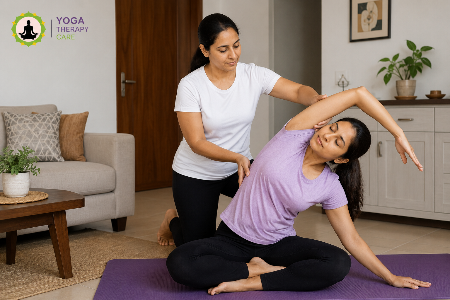 Certified Indian yoga therapist giving hands-on home visit yoga therapy session