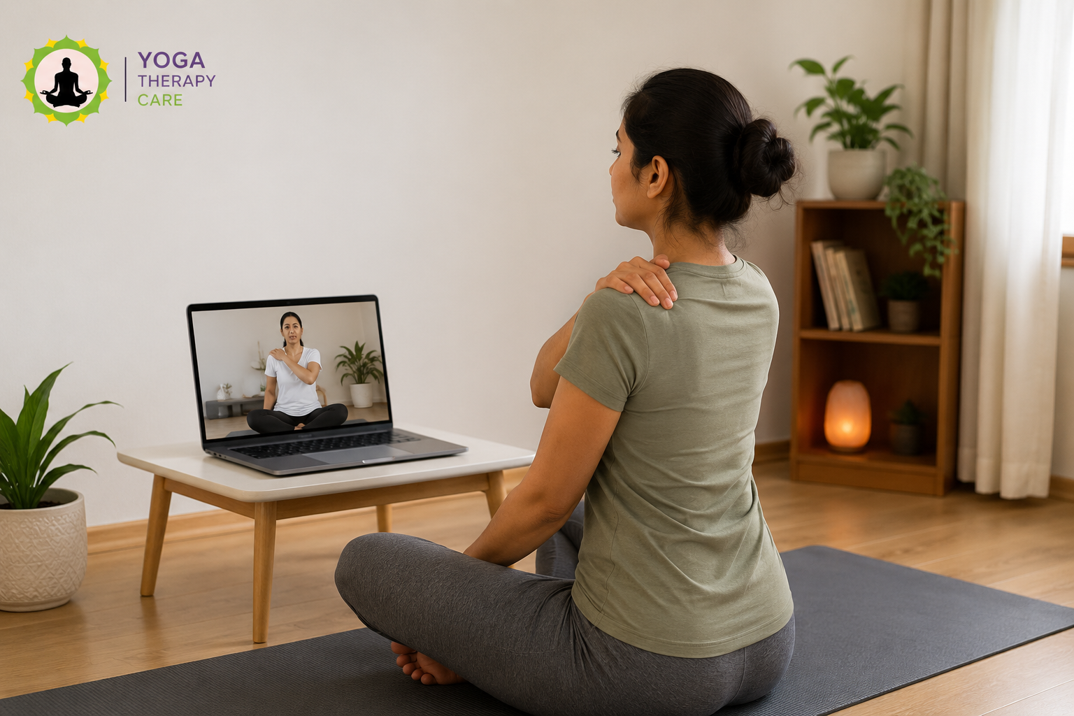 Indian woman receiving a 1-on-1 online yoga therapy guidance on her laptop