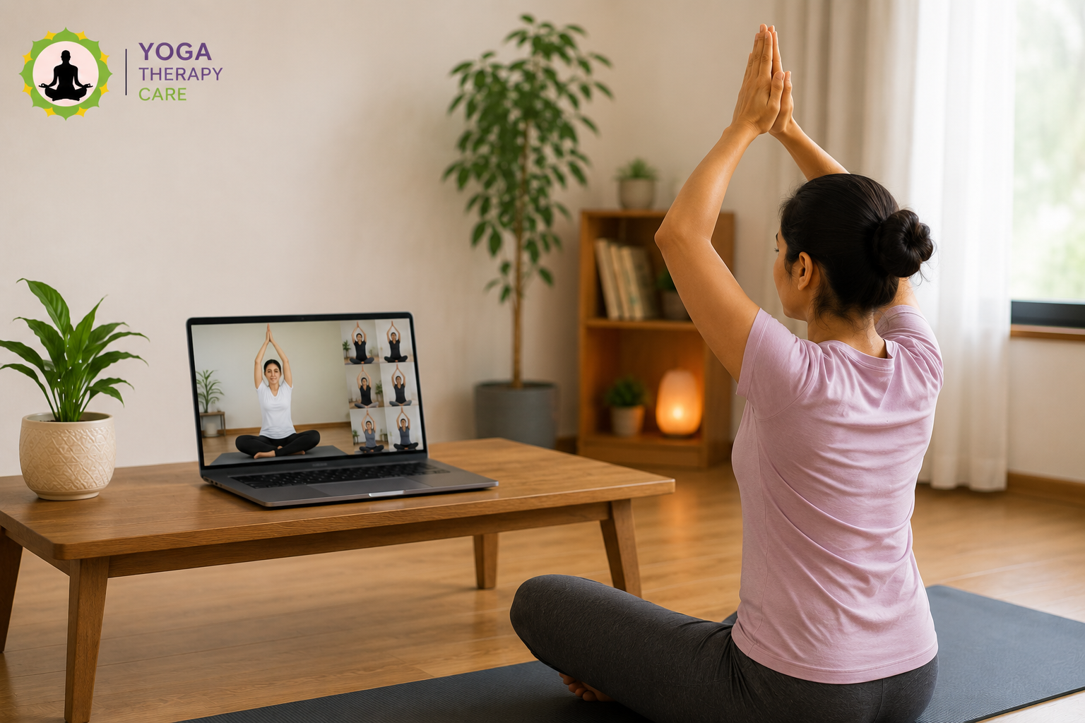 Indian woman attending an online group yoga class on her laptop showing group gallery view