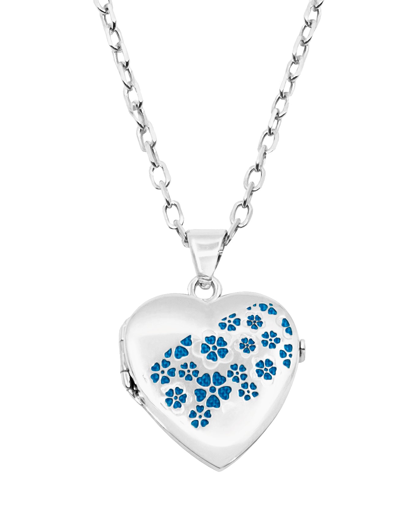 Médaillon cœur floral - Argent et bleu