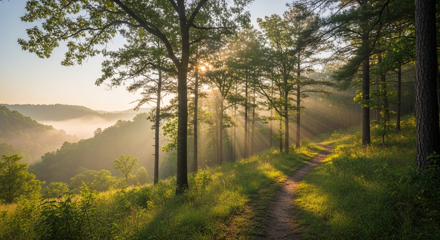 Misty Ozark forest at sunrise