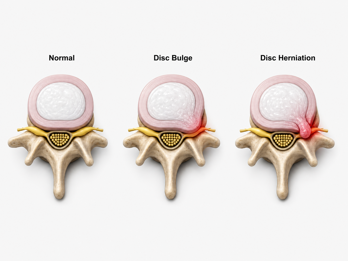 Anatomy of spine and nerves showing Normal, Disc Bulge, and Disc Herniation