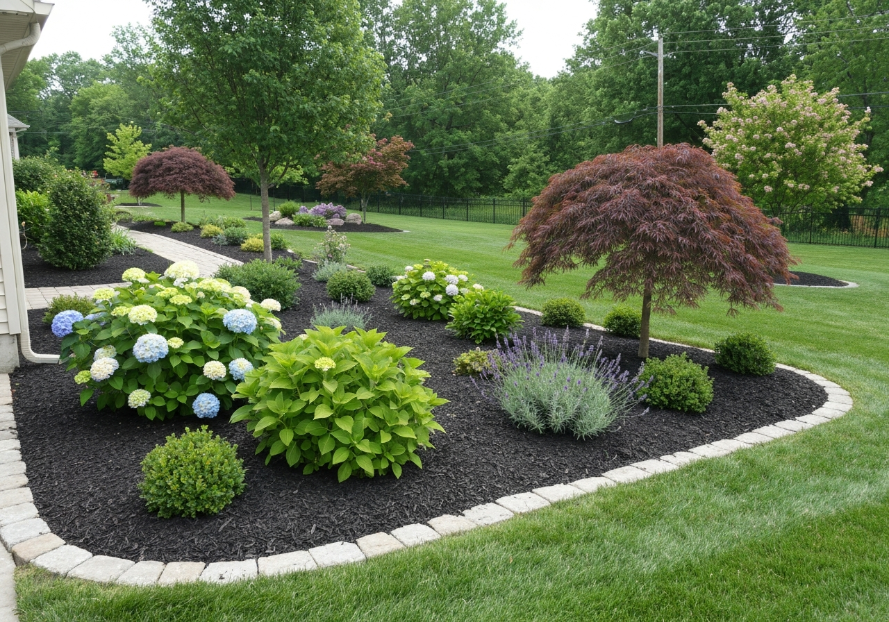 Landscaping project with mulched garden beds and ornamental plants in Carterville Illinois by Integrity Landwerx