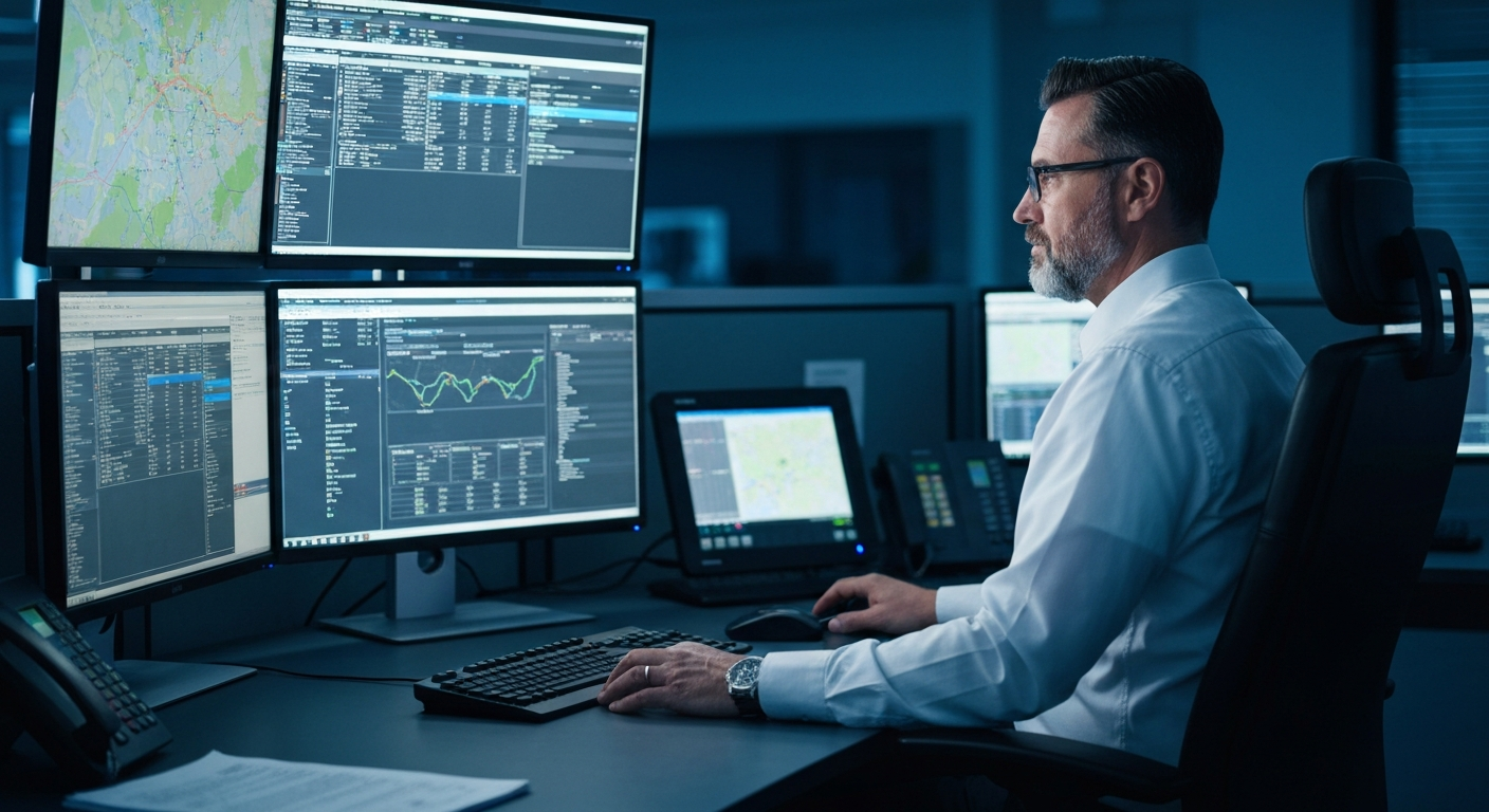 Dispatcher working at a multi-screen workstation