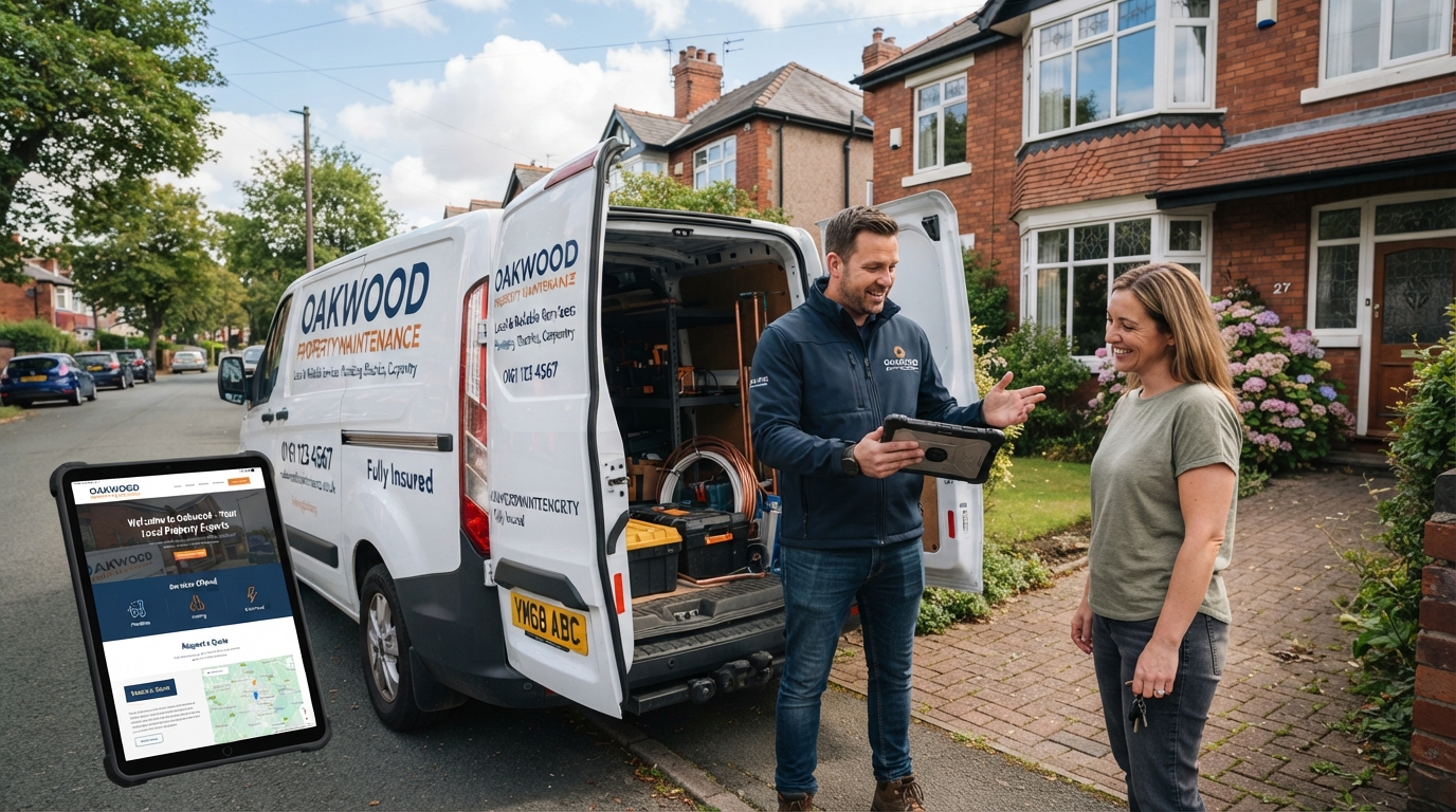 Branded tradesperson van with website design on tablet showing authentic brand identity