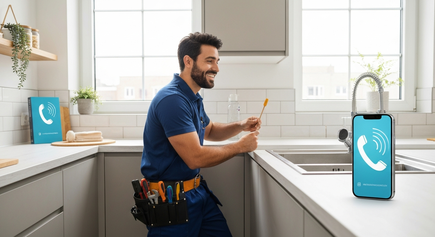 Happy plumber fixing a sink while AI handles calls