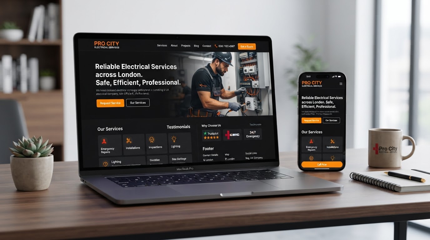 Modern responsive website design displayed on laptop and smartphone for a UK service business