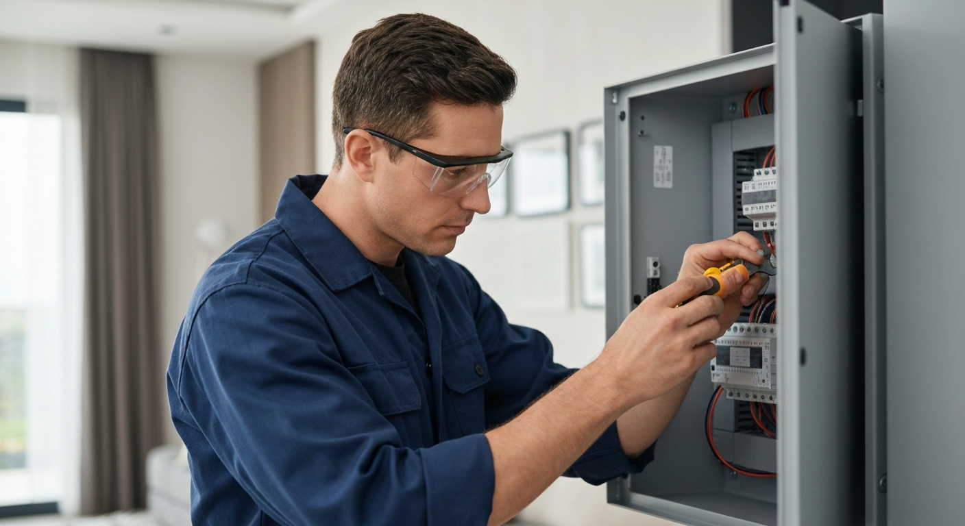 Professional electrician working on an electrical panel using Tamla AI receptionist for electricians to manage calls.