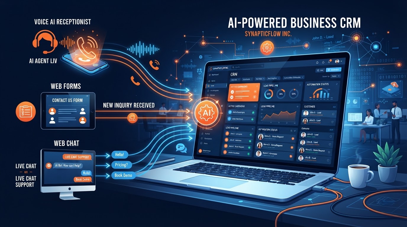 AI automation integrated into a business website with voice receptionist and CRM dashboard