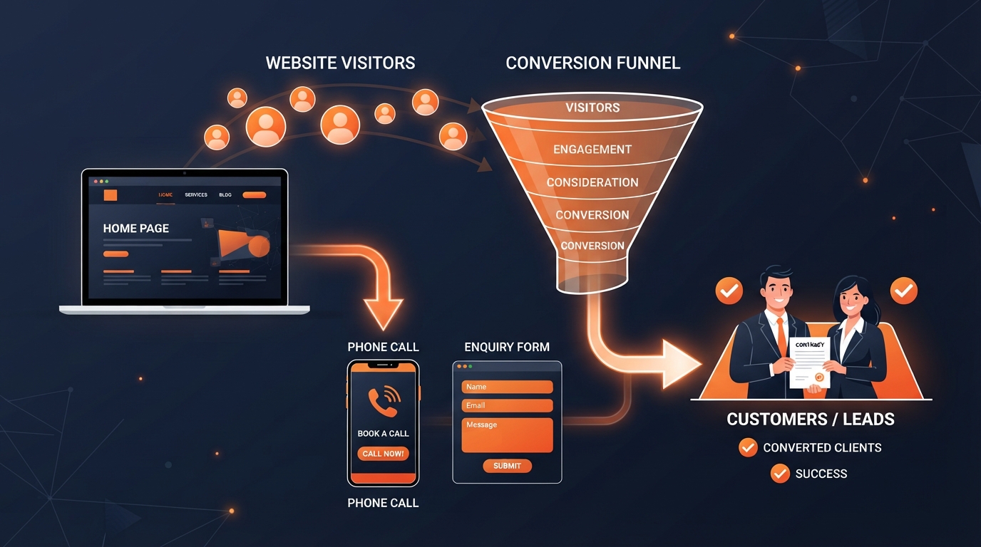 Website conversion funnel turning visitors into enquiries and customers