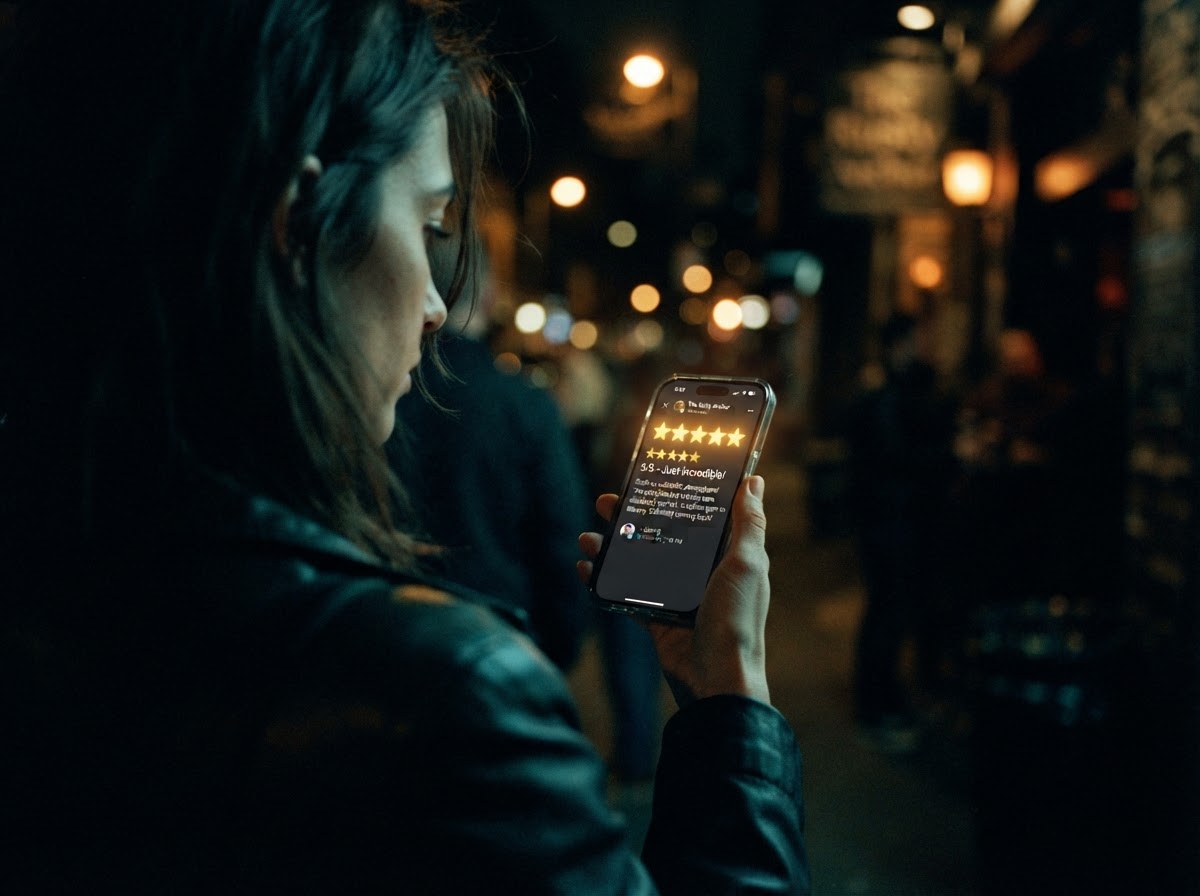 Over-the-shoulder view of a customer's phone showing a five-star Google review