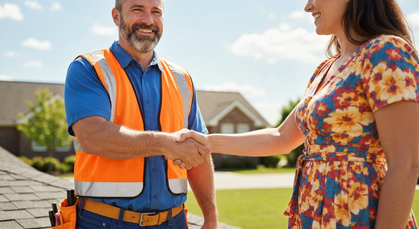Roofing contractor shaking hands with homeowner