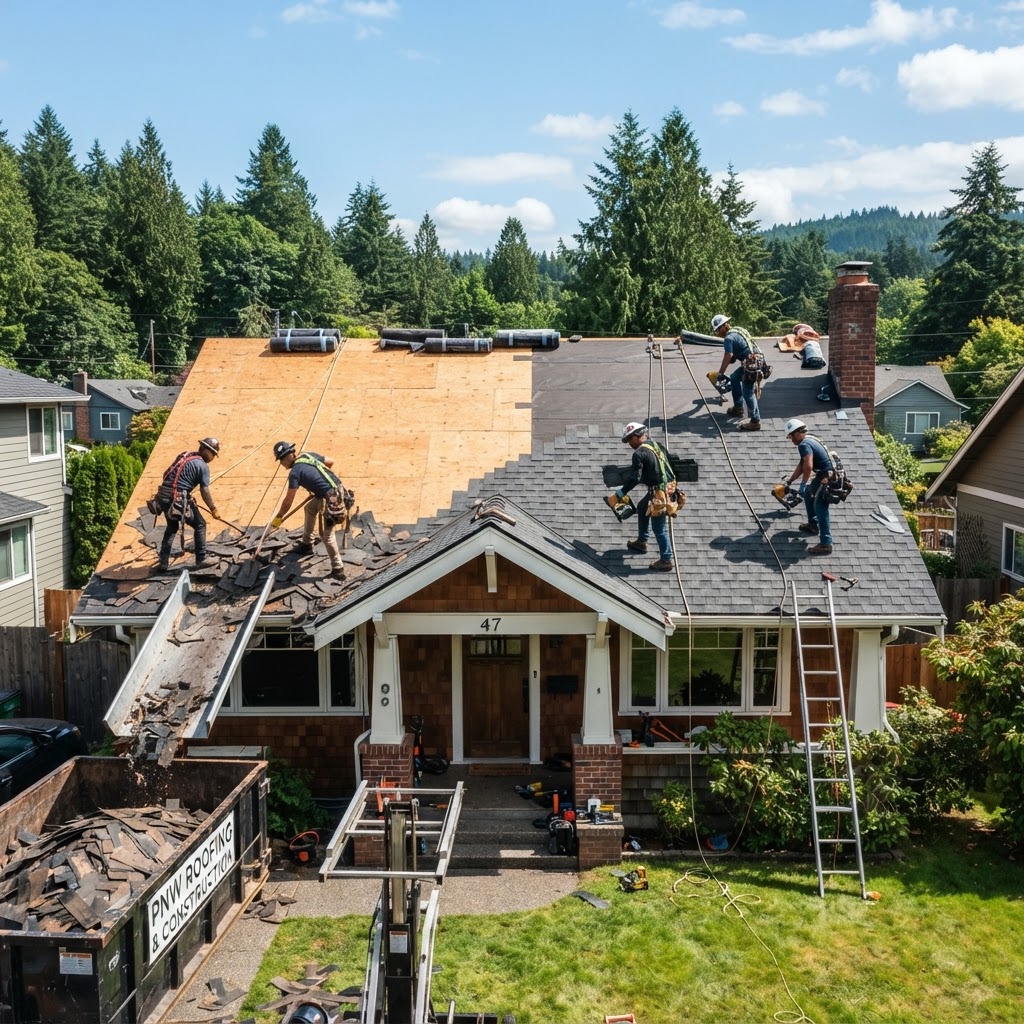 Our crew performing a roof replacement