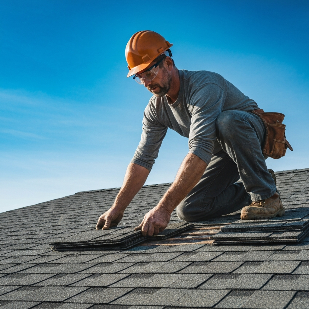 Roofing professional at work