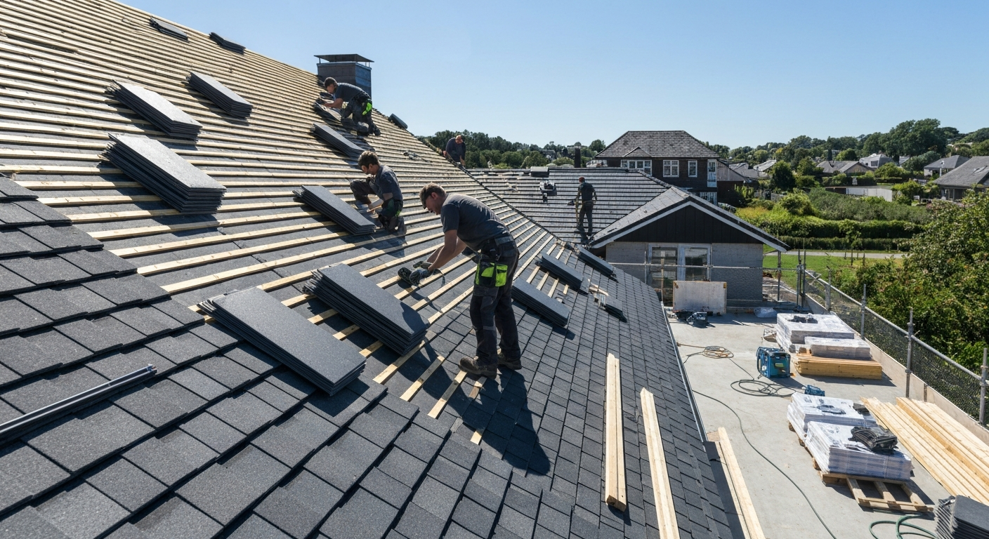 Professional roofing contractor working on a residential roof
