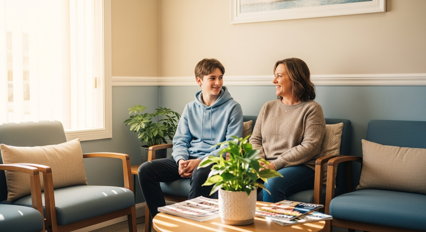 A teenager and parent together in a warm, welcoming dental office