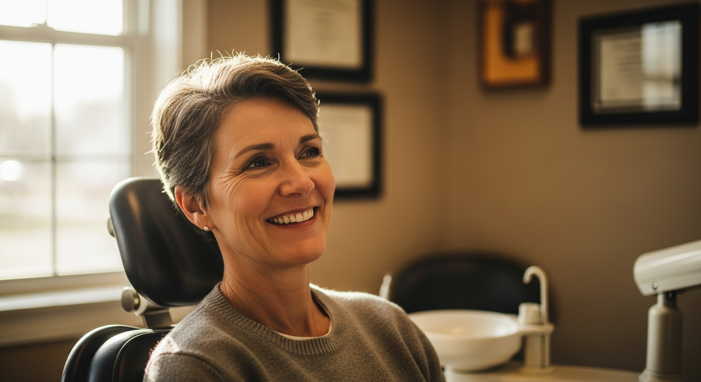 A confident adult patient smiling naturally in a warm dental office setting