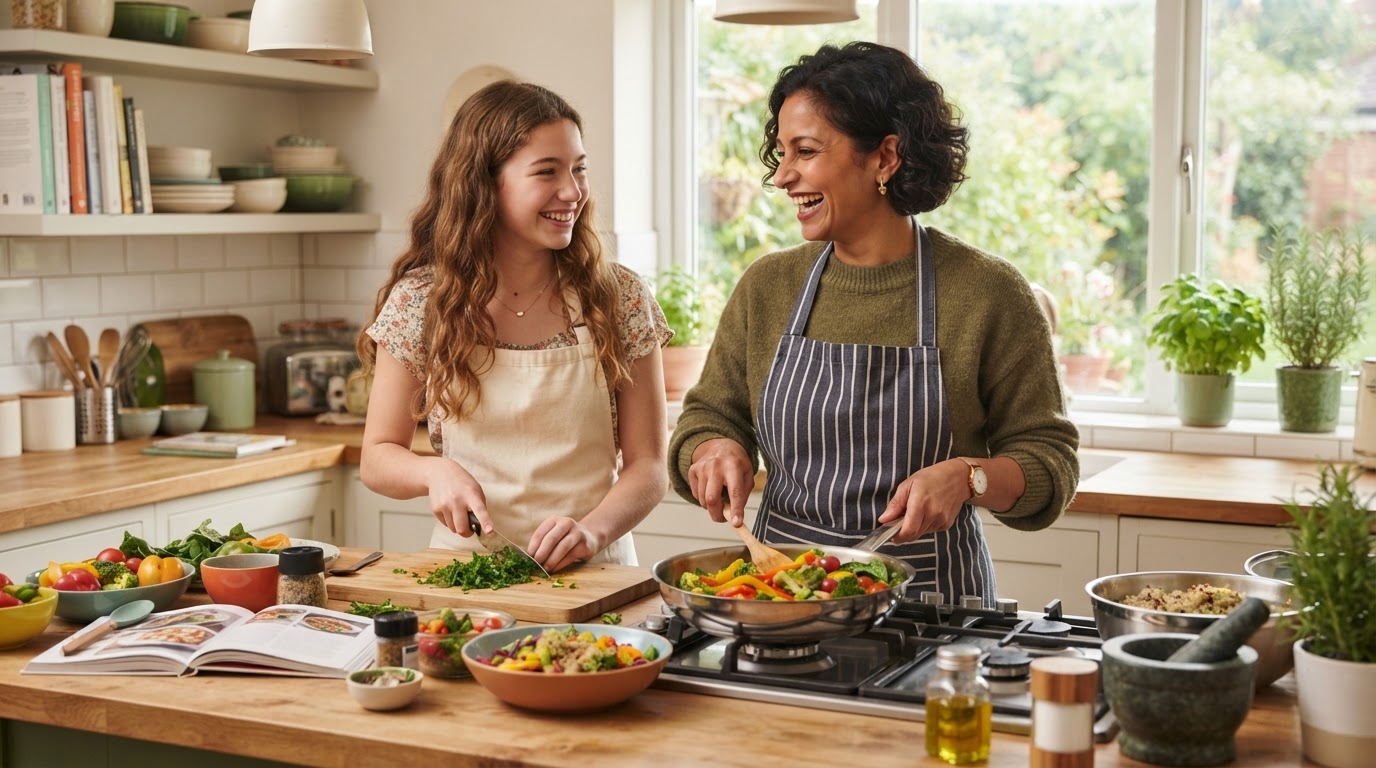 Parent and teenager cooking together in a bright kitchen, representing family-based nutrition support and positive food relationships