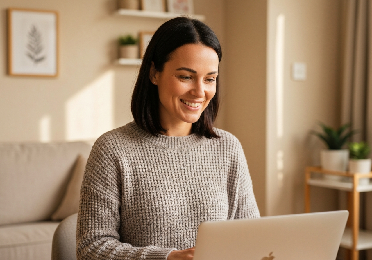 Woman smiling in a telehealth dietitian session virtual eating disorder care success