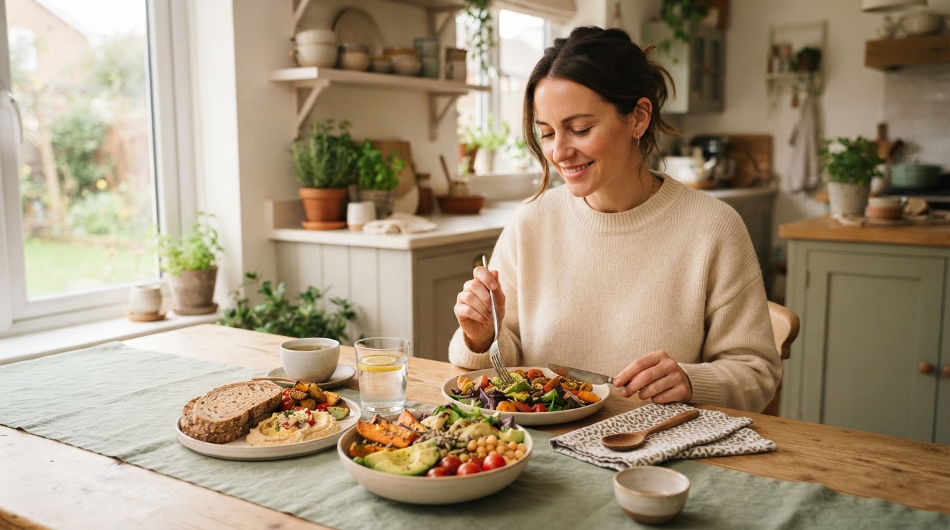 Person sitting at a kitchen table with colorful nourishing foods, representing intuitive eating and a peaceful relationship with food