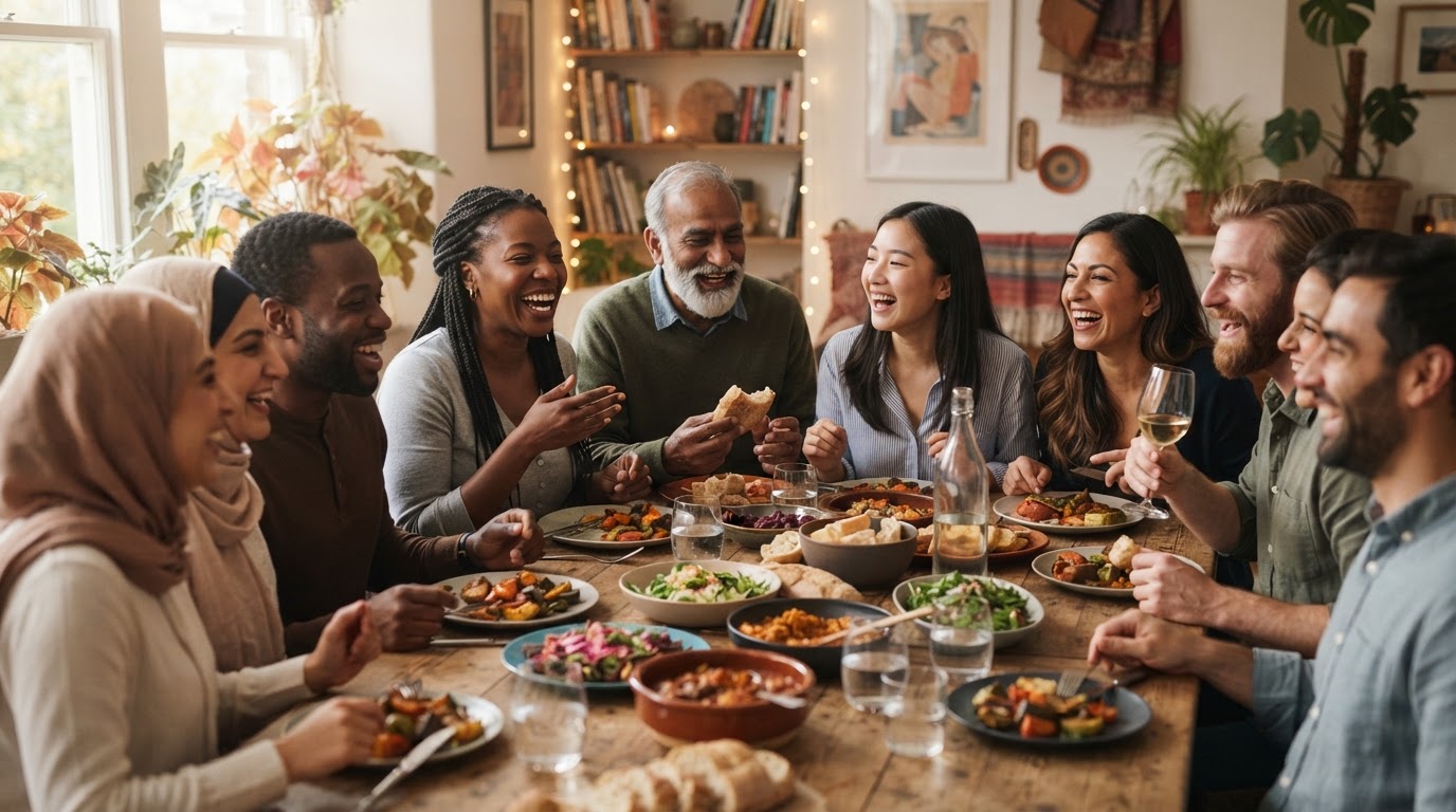 Diverse group of people sharing a meal together at a table, representing family meals and a positive relationship with food