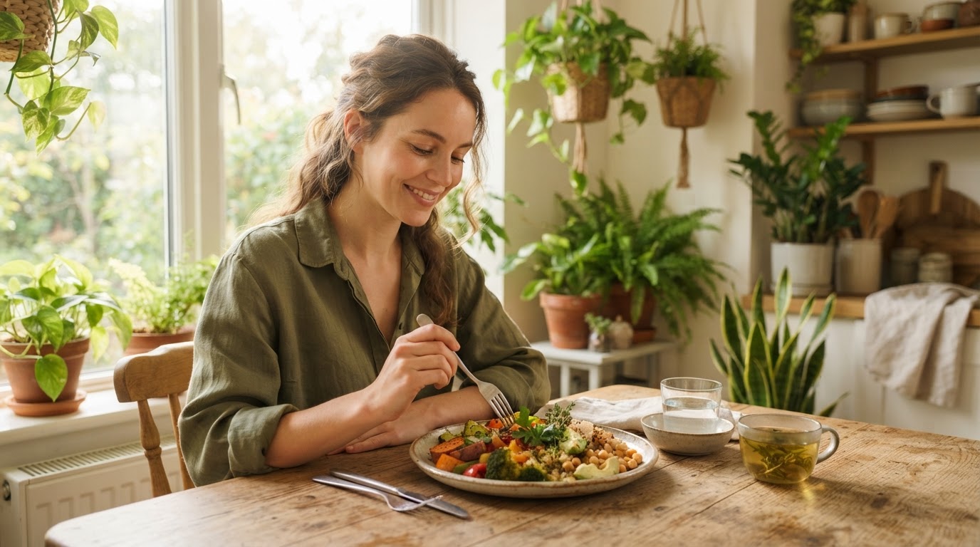 A person sitting peacefully at a sunlit kitchen table with a plate of food, representing healing food guilt