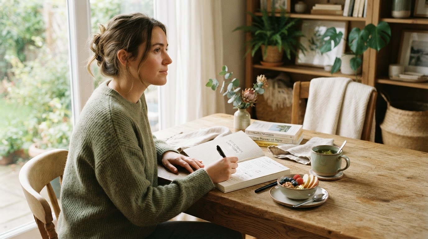 Person journaling at a desk with a cup of tea and fresh fruit, representing mindful eating and self-reflection